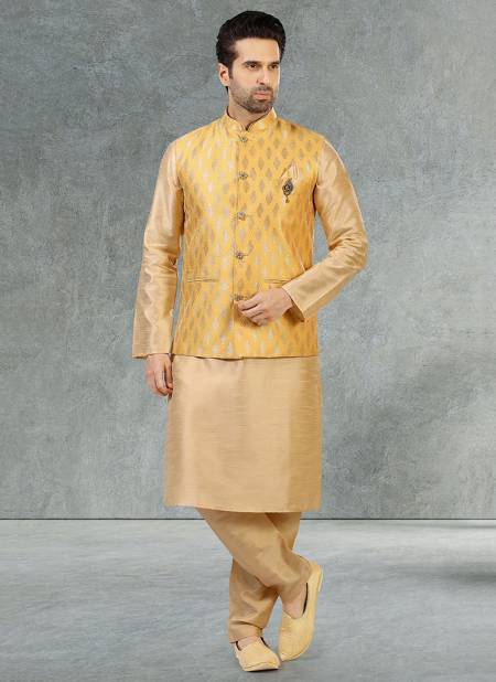Yellow Colour New Festive Wear Jacquard Banarasi Silk Digital Print Kurta Pajama With Jacket Mens Collection 1057